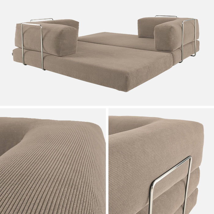 Divano letto futon in velluto a coste e struttura cromata, 3 posti,