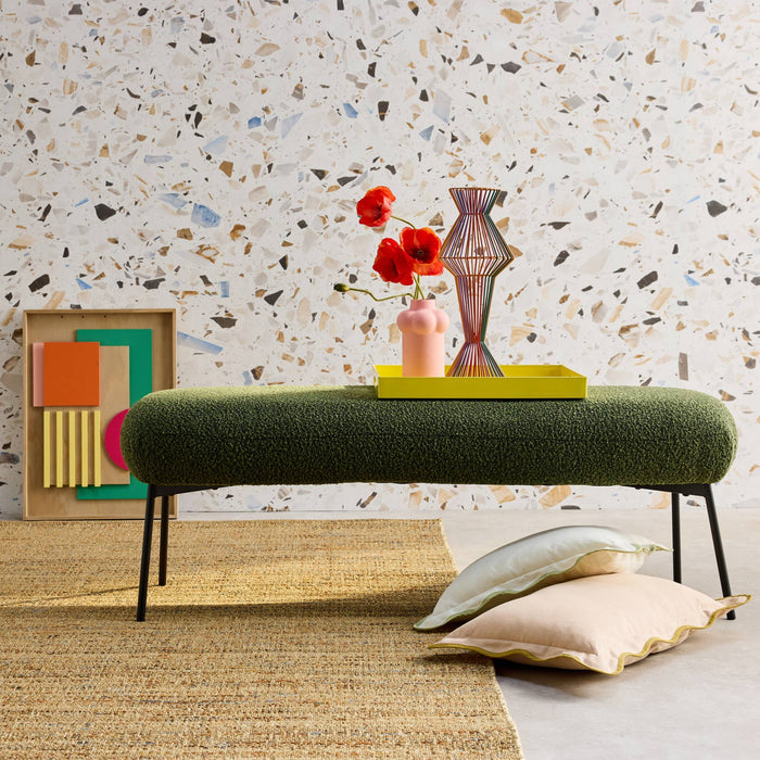 Panca tessuto bouclé e gambe in metallo, verde kaki