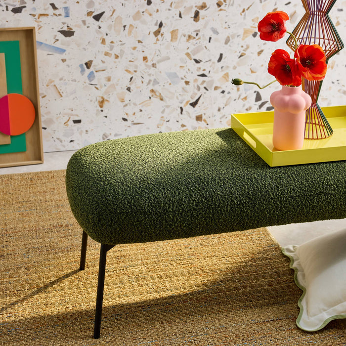 Panca tessuto bouclé e gambe in metallo, verde kaki