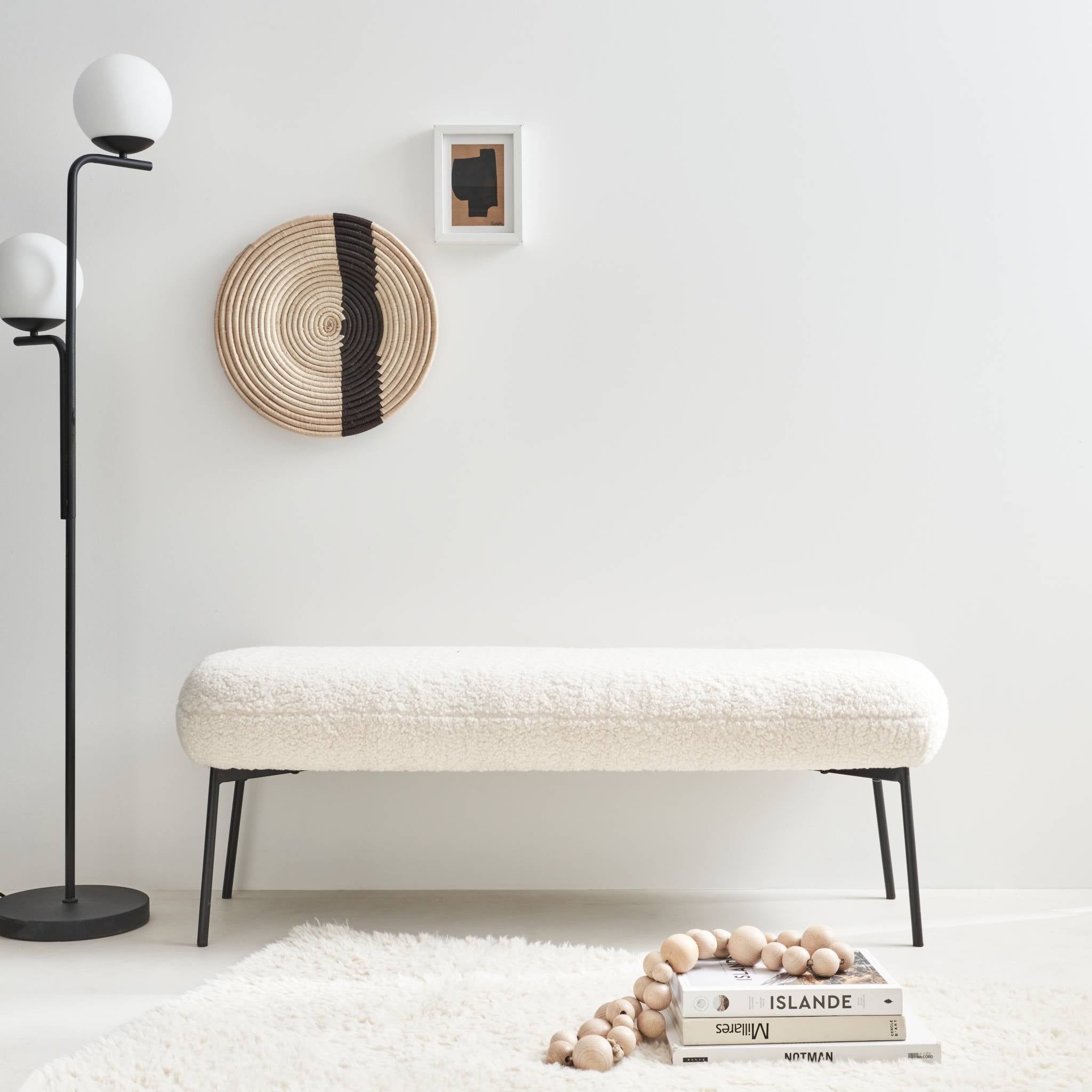 Panca tessuto bouclé e gambe in metallo, ecrù