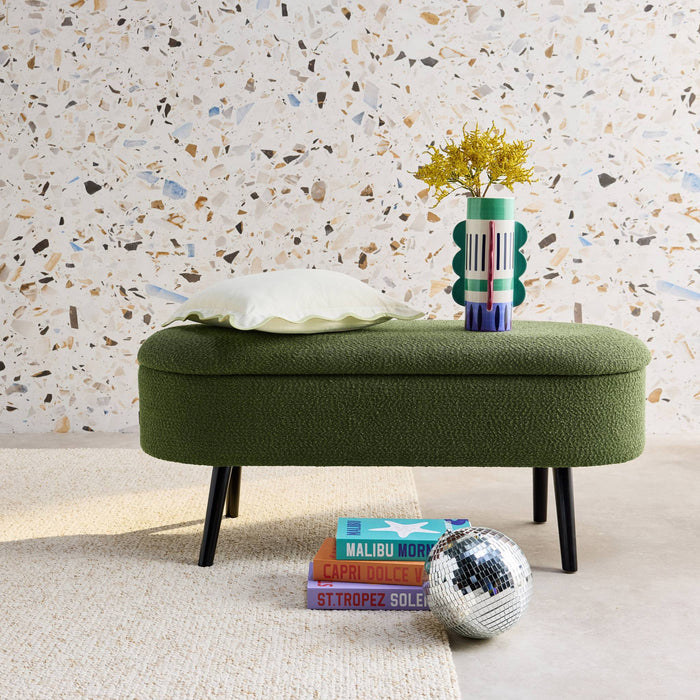 Cassapanca con rivestimento bouclé, verde kaki