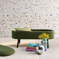 Cassapanca con rivestimento bouclé, verde kaki