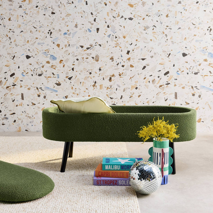 Cassapanca con rivestimento bouclé, verde kaki