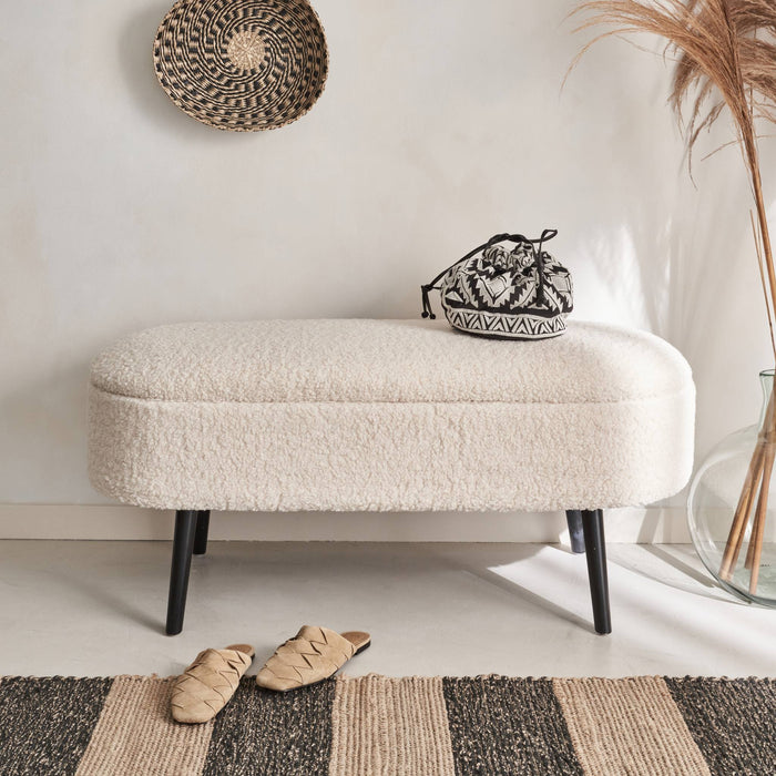 Cassapanca con rivestimento bouclé, ecrù