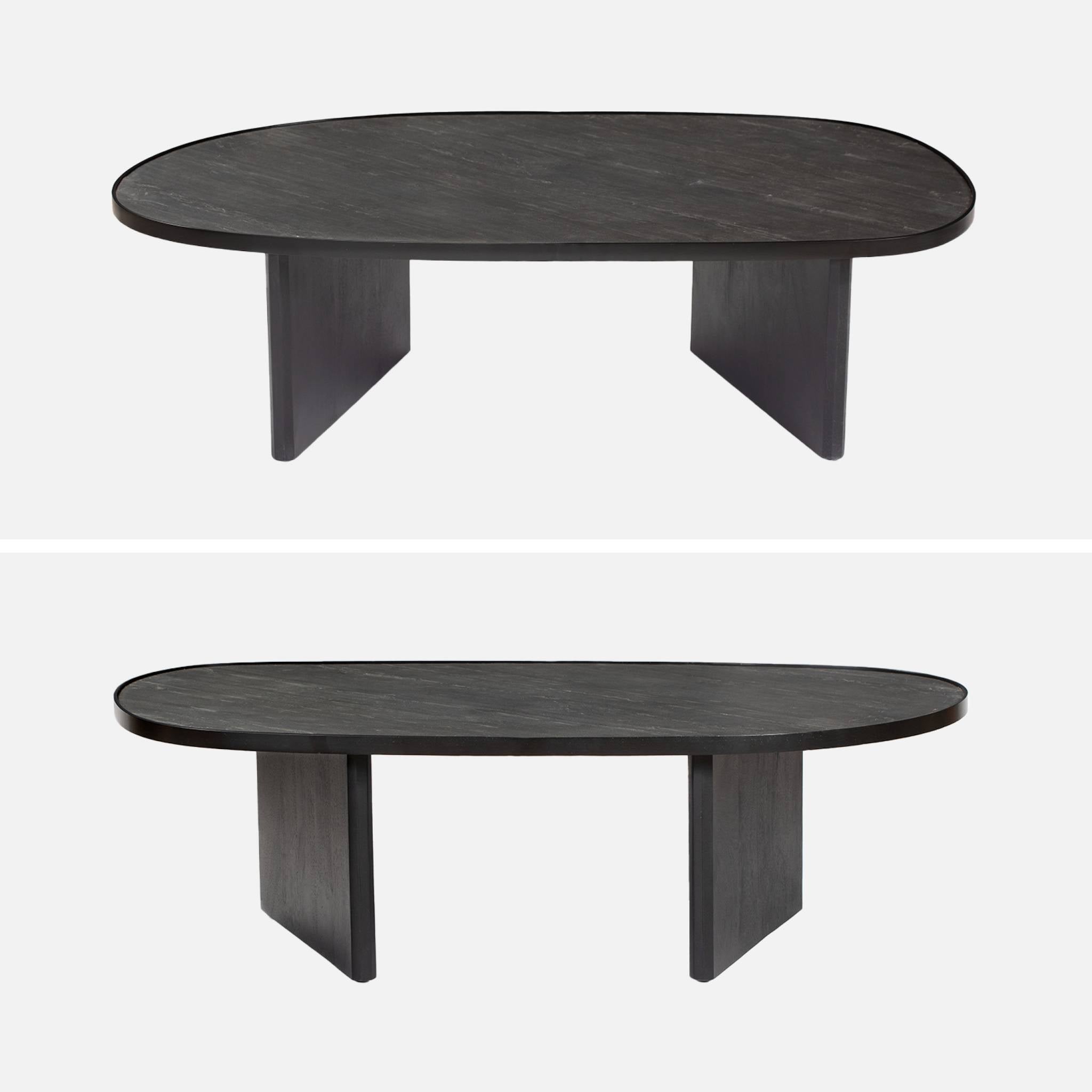 Tavolino ovale in legno di mango e impiallacciatura in pietra nera,