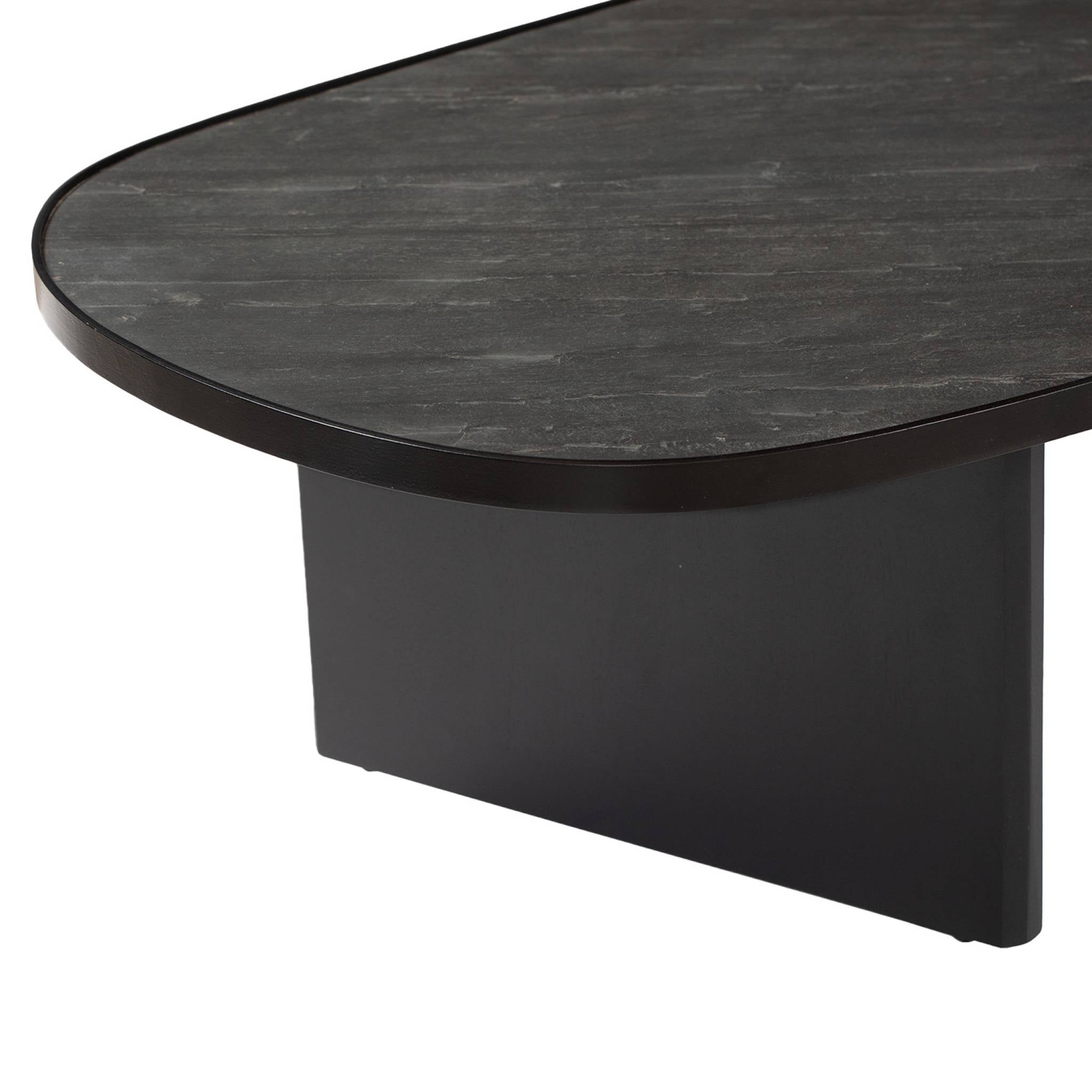 Tavolino ovale in legno di mango e impiallacciatura in pietra nera,