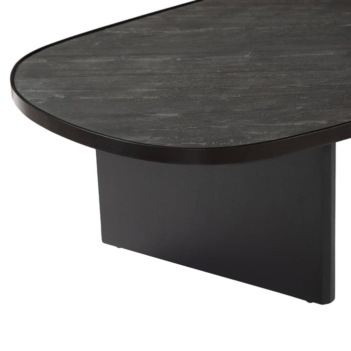 Tavolino ovale in legno di mango e impiallacciatura in pietra nera,