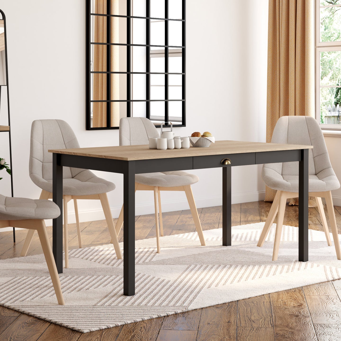 IDMarket - ISIS mesa de comedor para 8 personas con cajón de madera y negro 150 cm
