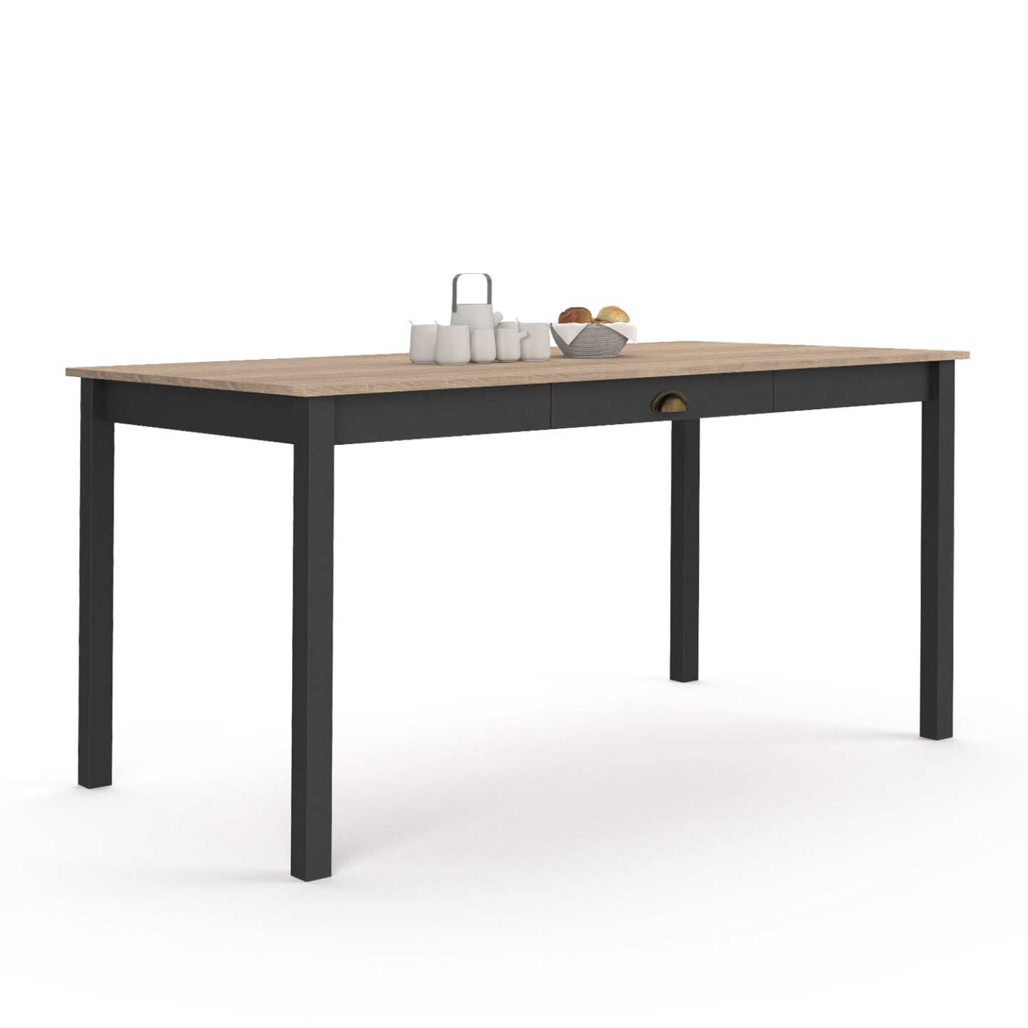 IDMarket - ISIS mesa de comedor para 8 personas con cajón de madera y negro 150 cm