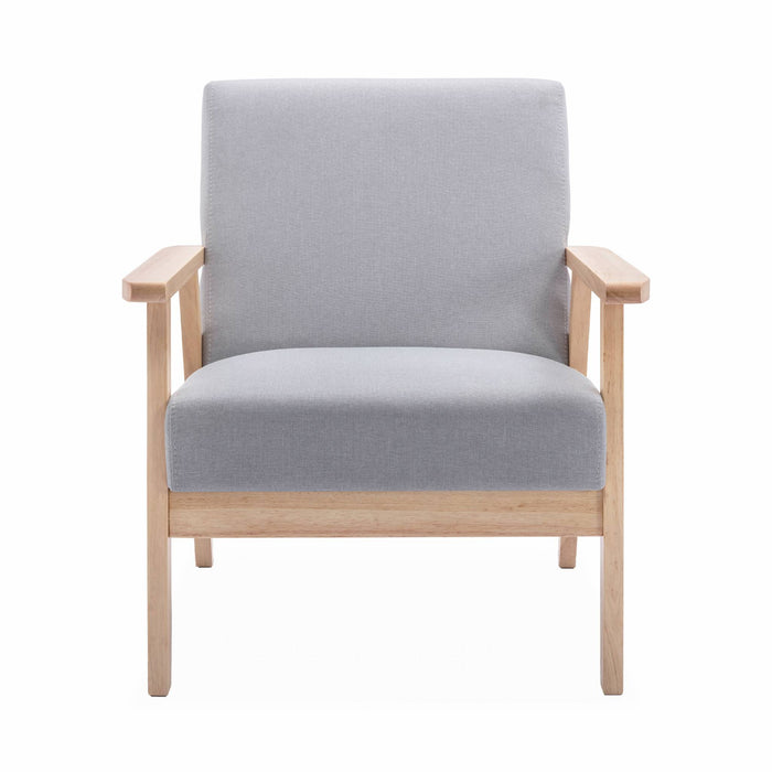 Poltrona scandinava in legno e tessuto, grigio chiaro