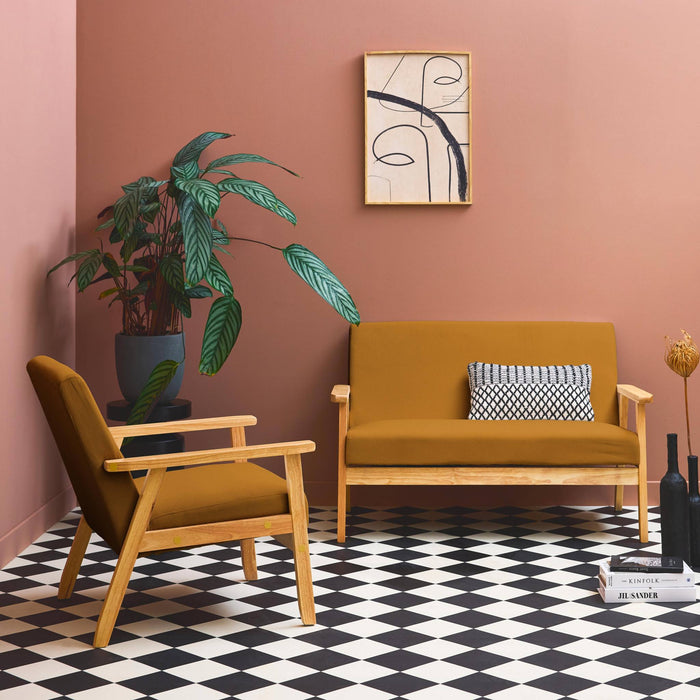 Divano a 2 posti con panca e poltrona in velluto a coste, mostarda