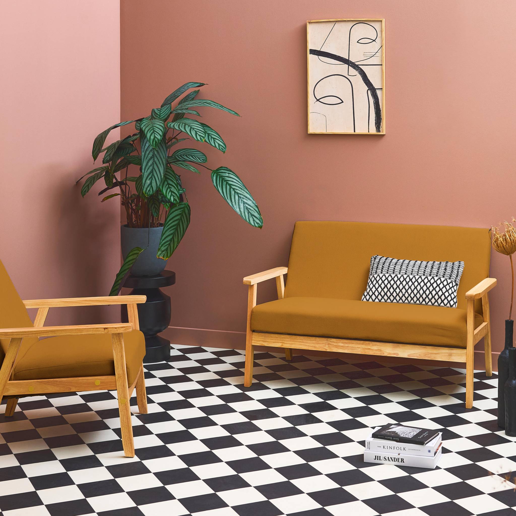 Divano a 2 posti con panca e poltrona in velluto a coste, mostarda