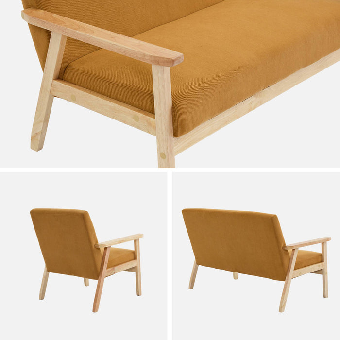 Divano a 2 posti con panca e poltrona in velluto a coste, mostarda