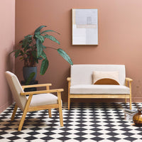 Divano a 2 posti con panca e poltrona in velluto a coste, crema