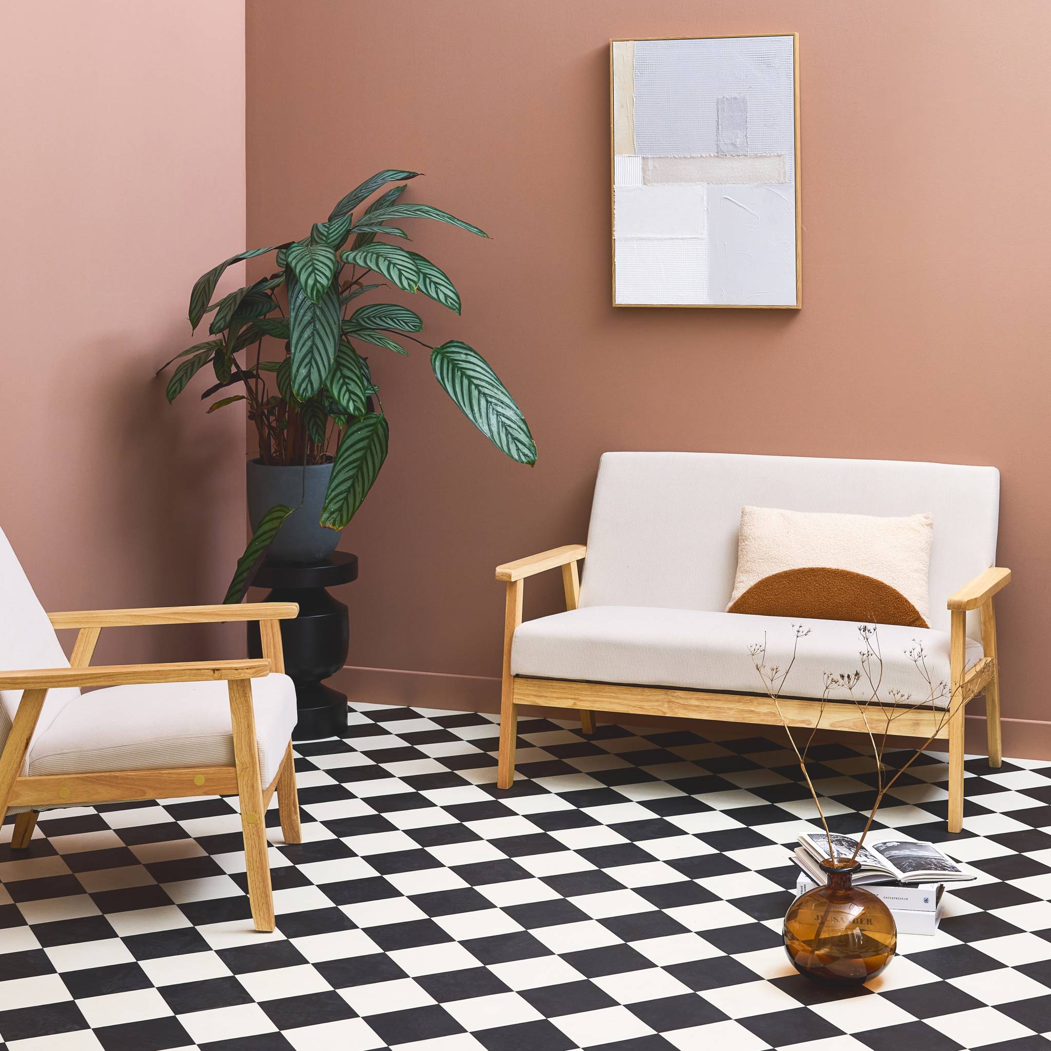 Divano a 2 posti con panca e poltrona in velluto a coste, crema