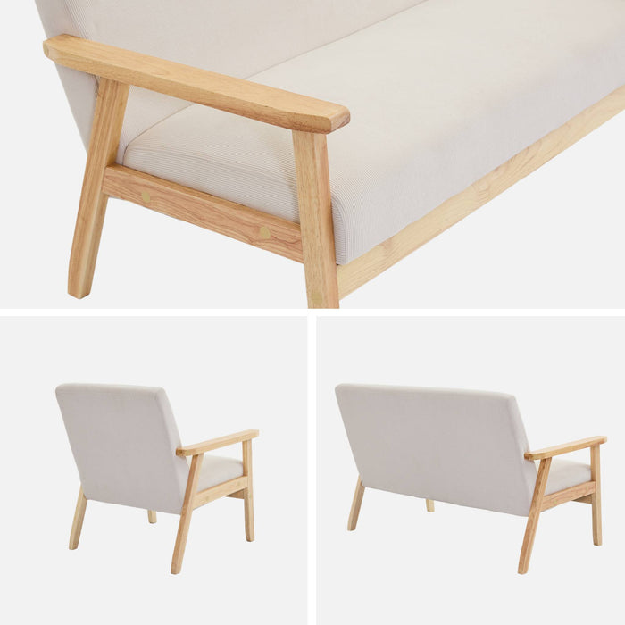 Divano a 2 posti con panca e poltrona in velluto a coste, crema