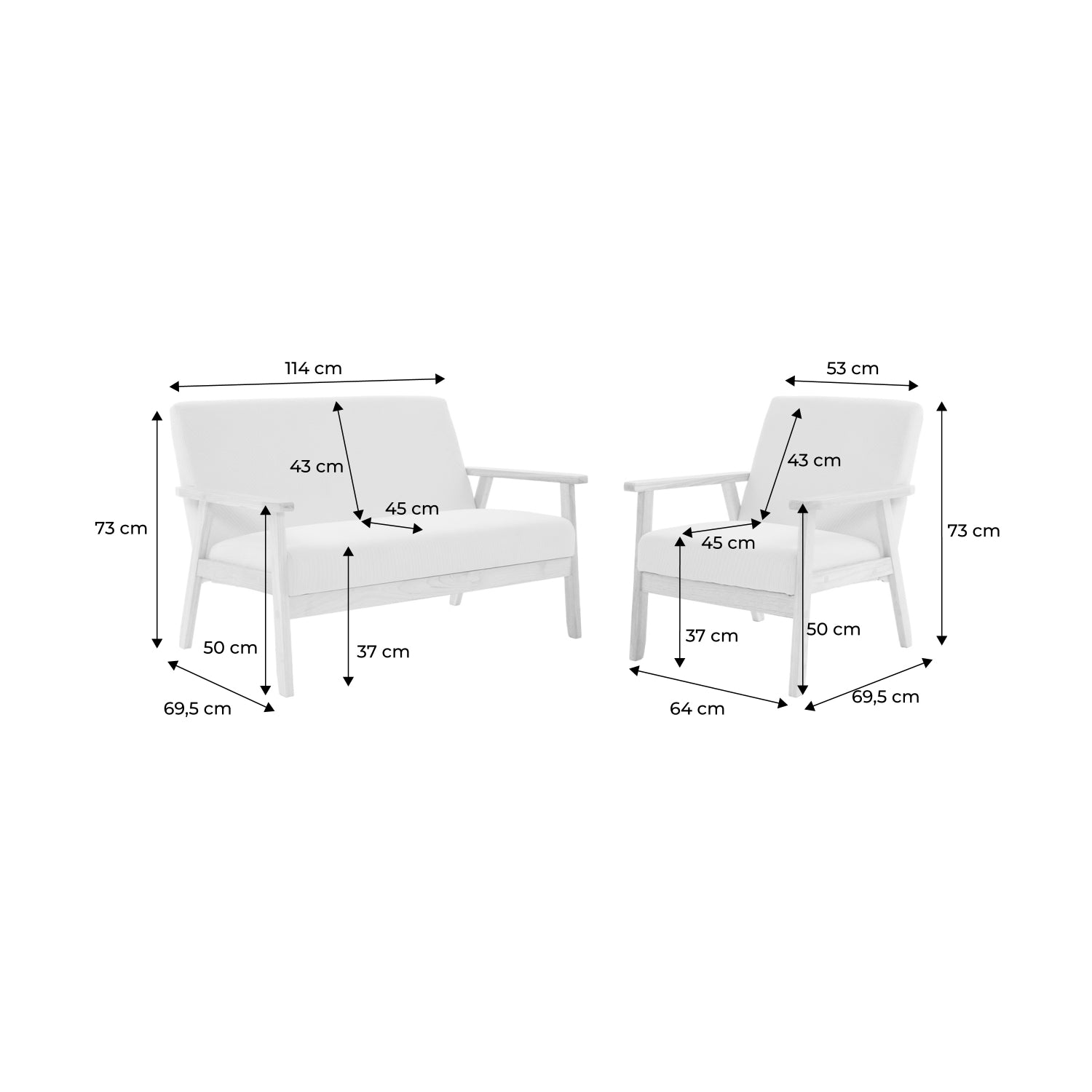 Divano a 2 posti con panca e poltrona in velluto a coste, crema
