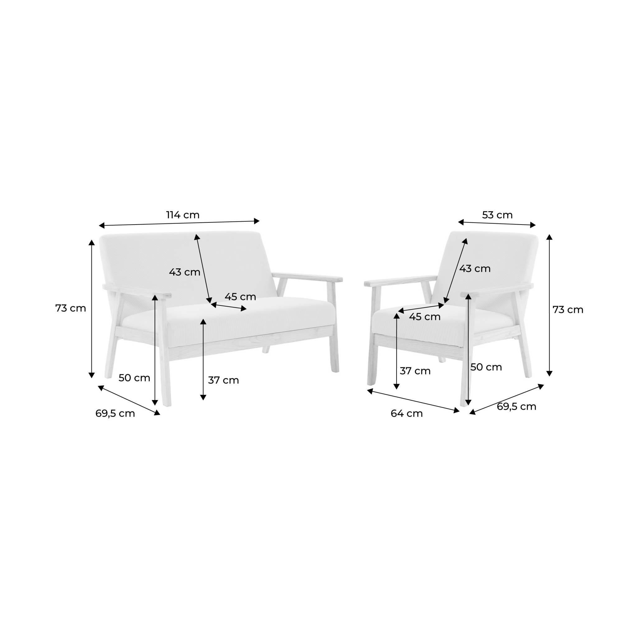 Divano a 2 posti con panca e poltrona in velluto a coste, crema