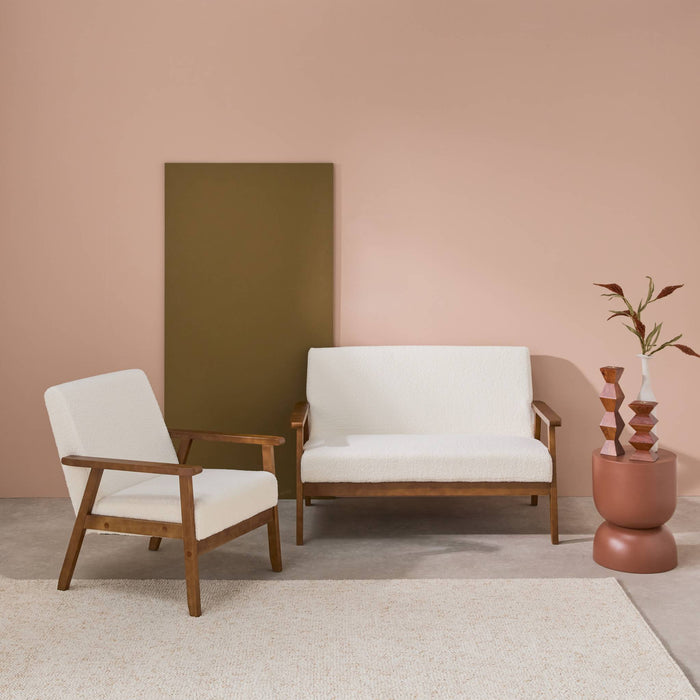 Divano e poltrona a 2 posti con panca in tessuto bouclé, bouclé bianco