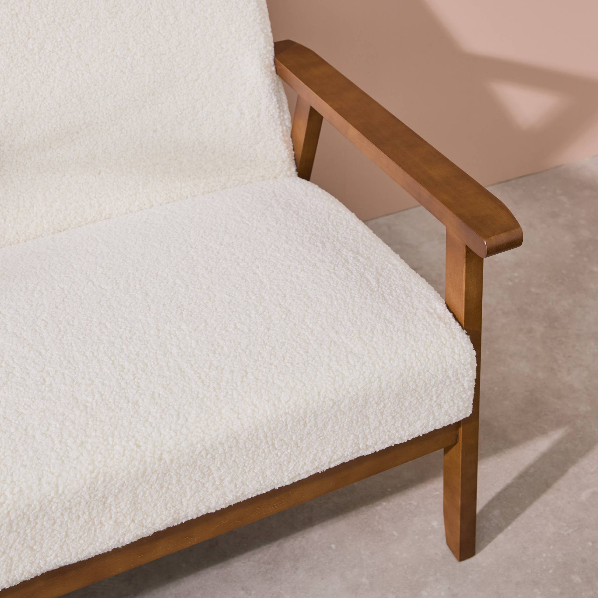 Divano e poltrona a 2 posti con panca in tessuto bouclé, bouclé bianco