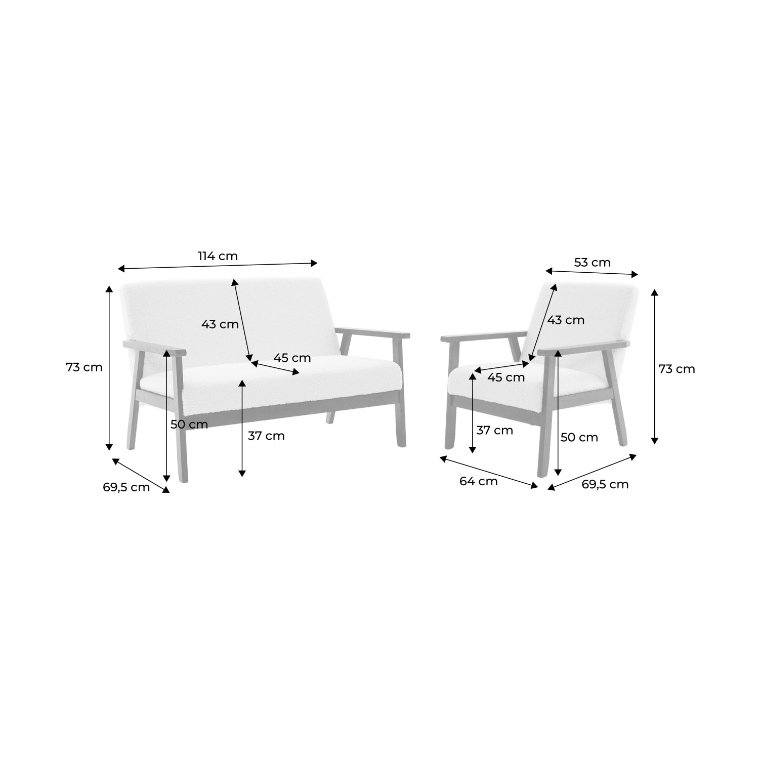 Divano e poltrona a 2 posti con panca in tessuto bouclé, bouclé bianco