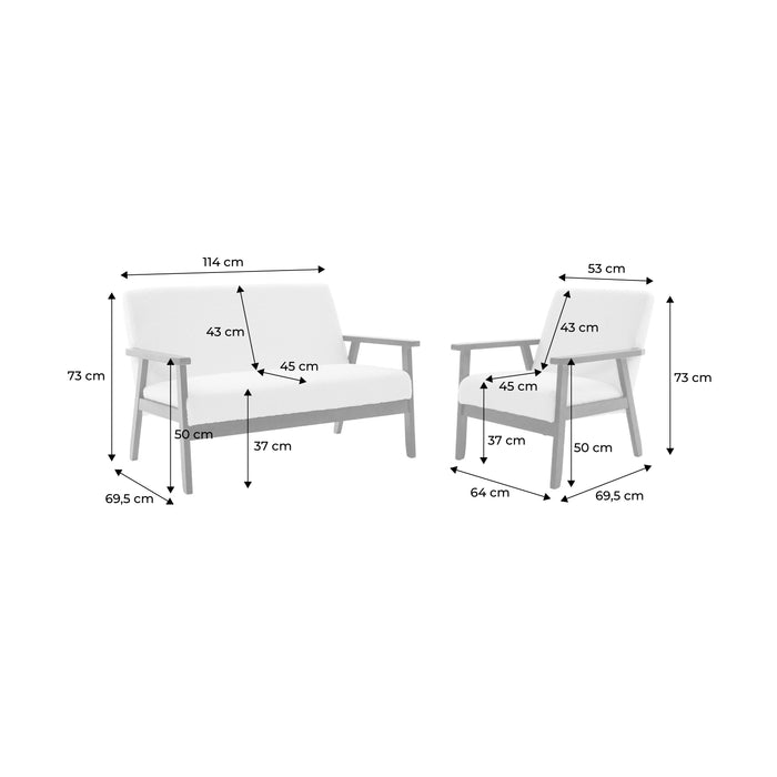 Divano e poltrona a 2 posti con panca in tessuto bouclé, bouclé bianco