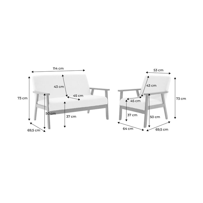Divano e poltrona a 2 posti con panca in tessuto bouclé, bouclé bianco