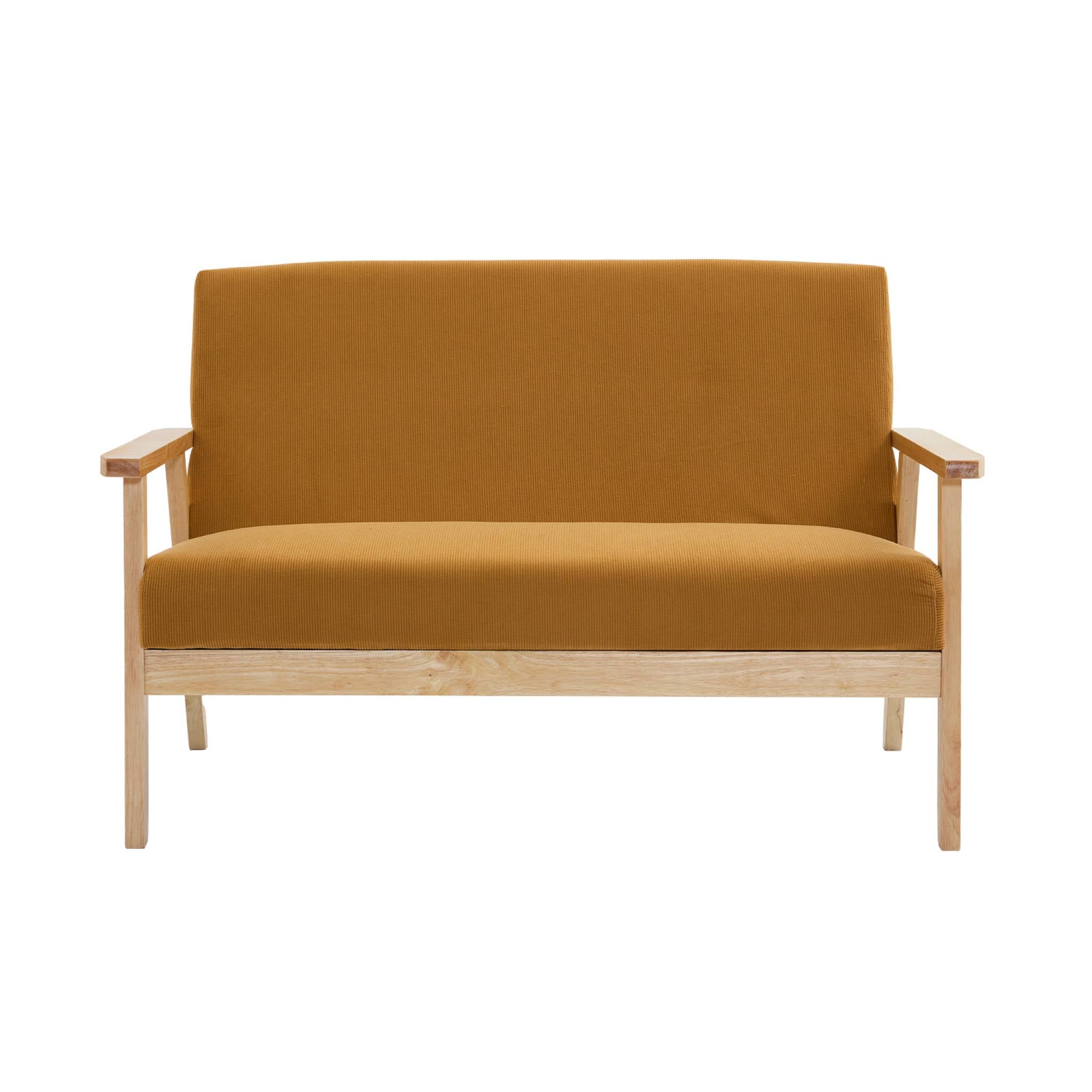 Divanetto a 2 posti in velluto a coste con gambe in legno, mostarda