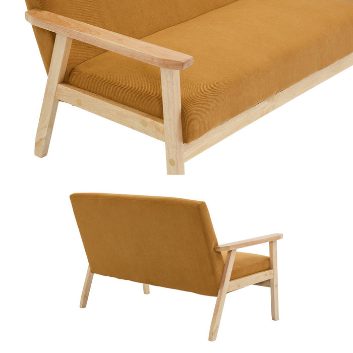 Divanetto a 2 posti in velluto a coste con gambe in legno, mostarda