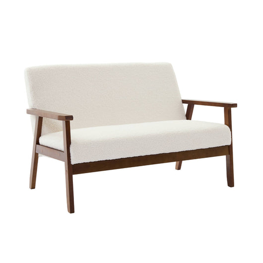 Divano-panca tessuto bouclé, gambe tinto noce chiaro a 2 posti, bouclé