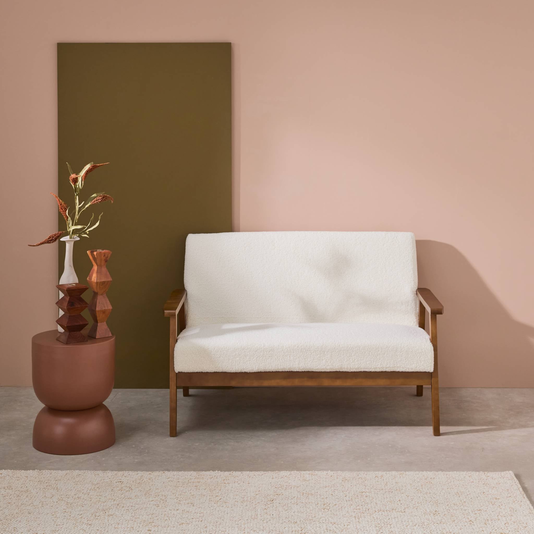 Divano-panca tessuto bouclé, gambe tinto noce chiaro a 2 posti, bouclé