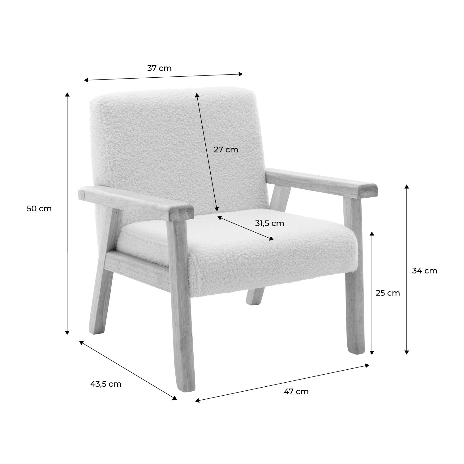 Poltrona scandinava per bambini in legno di hevea e tessuto bouclé,