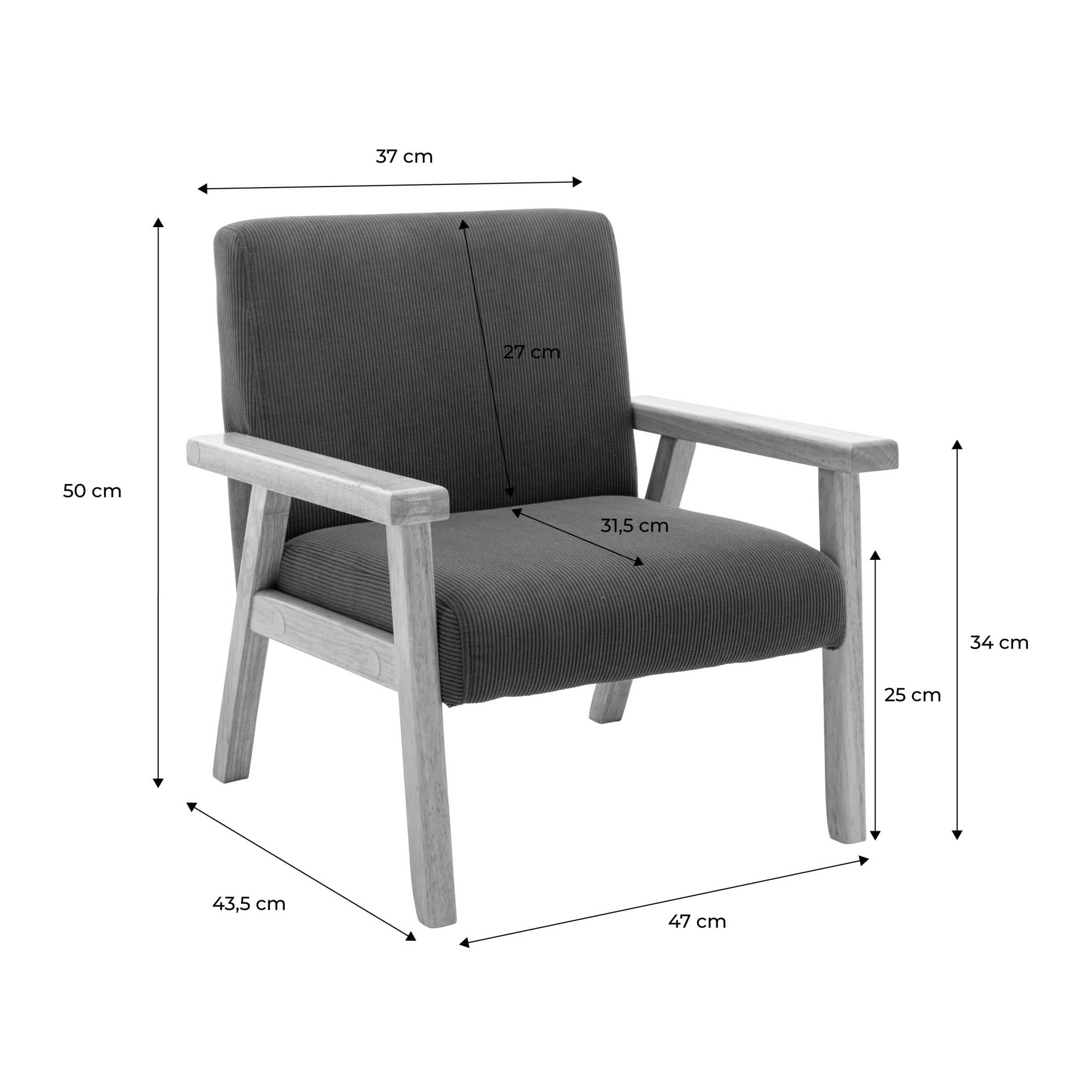 Poltrona scandinava per bambini in velluto a coste e legno di gomma,