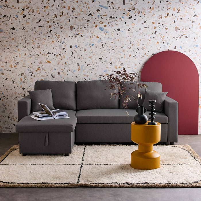 Divano letto compatto 3 posti in tessuto, grigio scuro