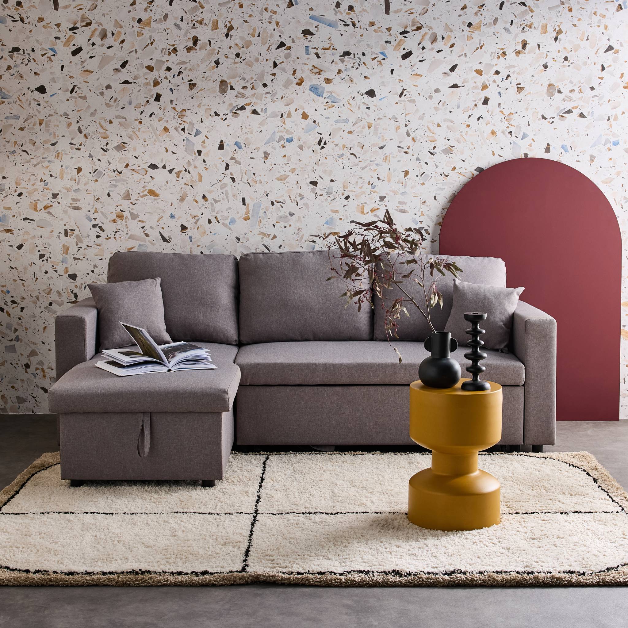 Divano angolare reversibile compatto 3 posti in tessuto, grigio chiaro