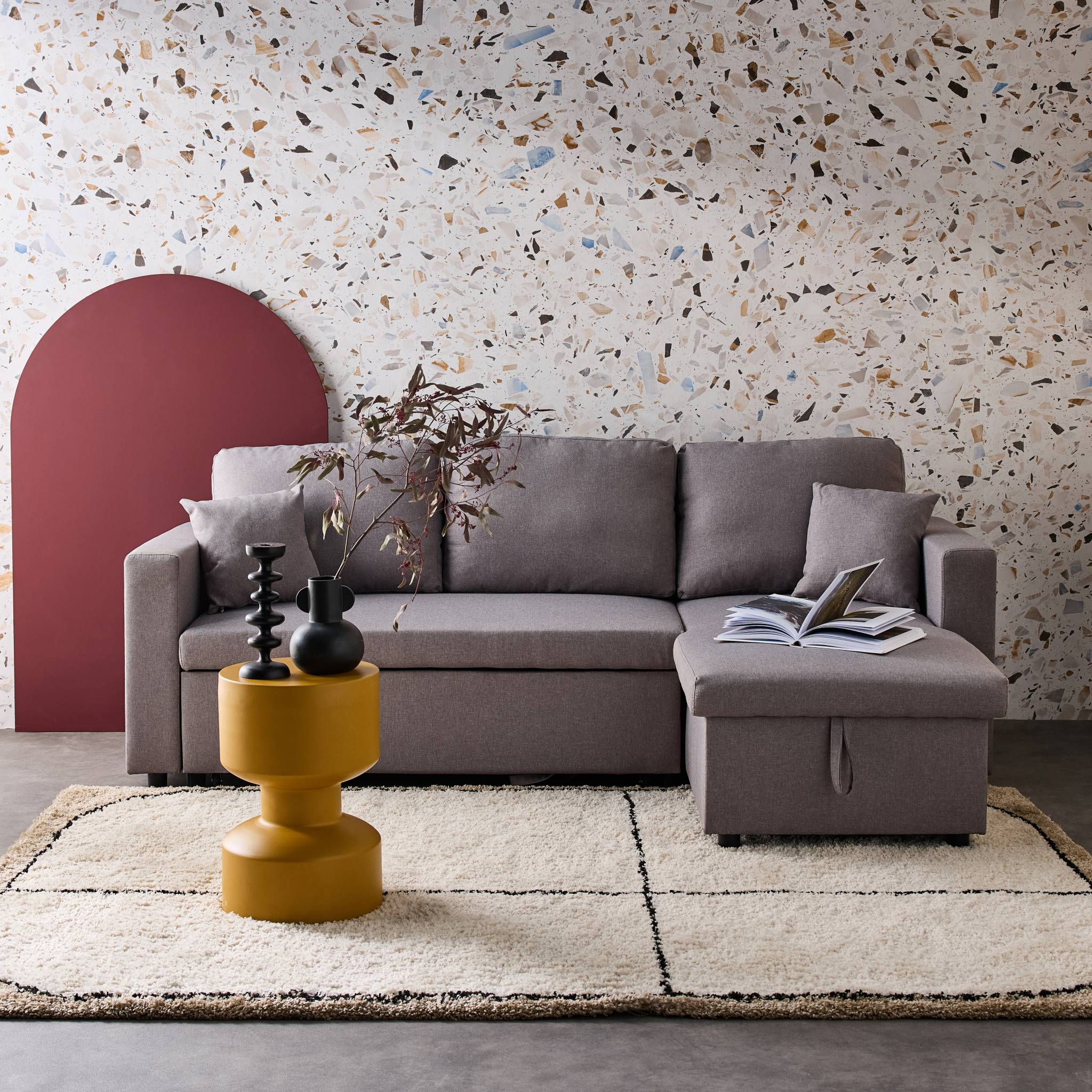 Divano angolare reversibile compatto 3 posti in tessuto, grigio chiaro