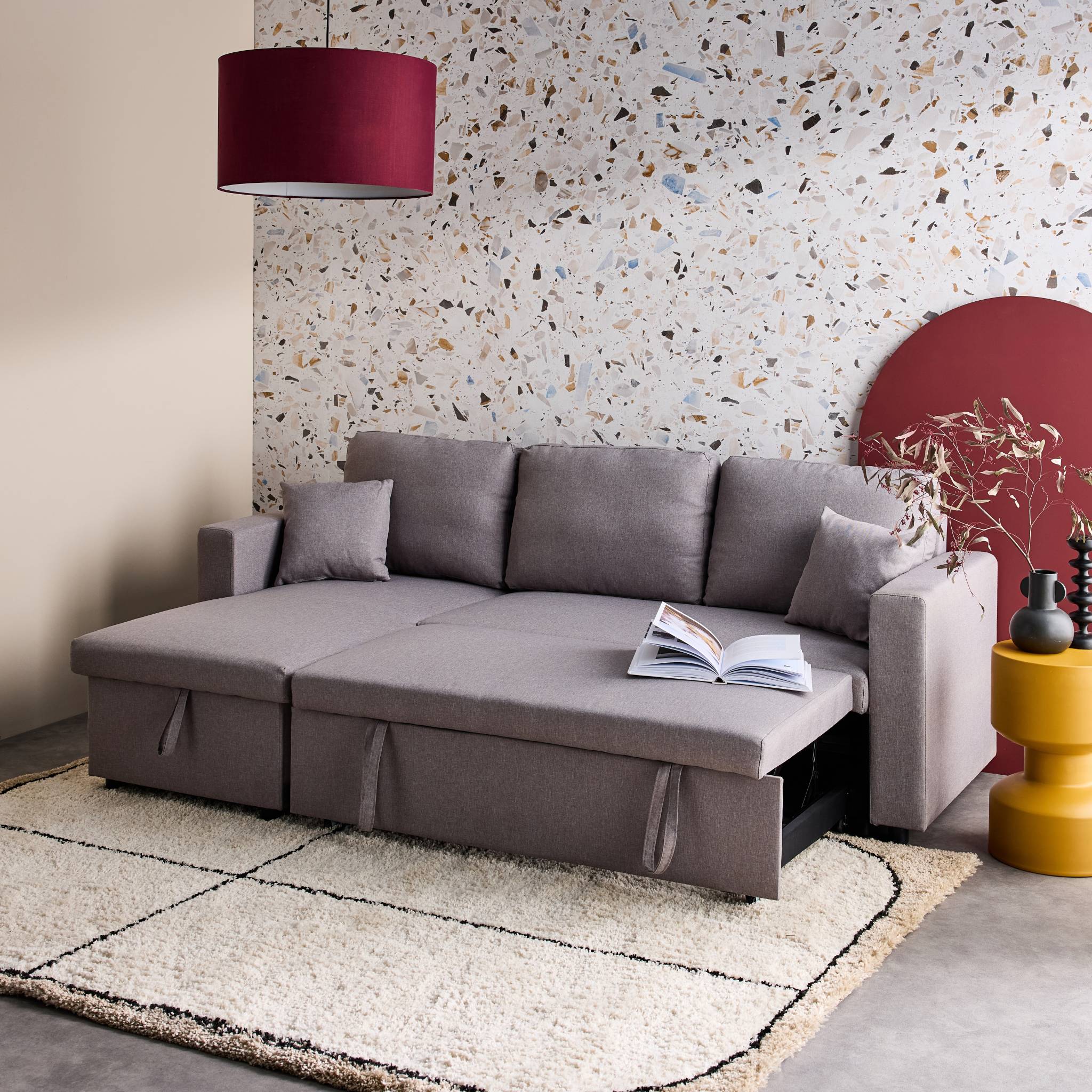 Divano angolare reversibile compatto 3 posti in tessuto, grigio chiaro