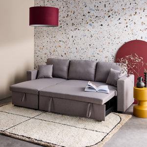 Divano angolare reversibile compatto 3 posti in tessuto, grigio chiaro