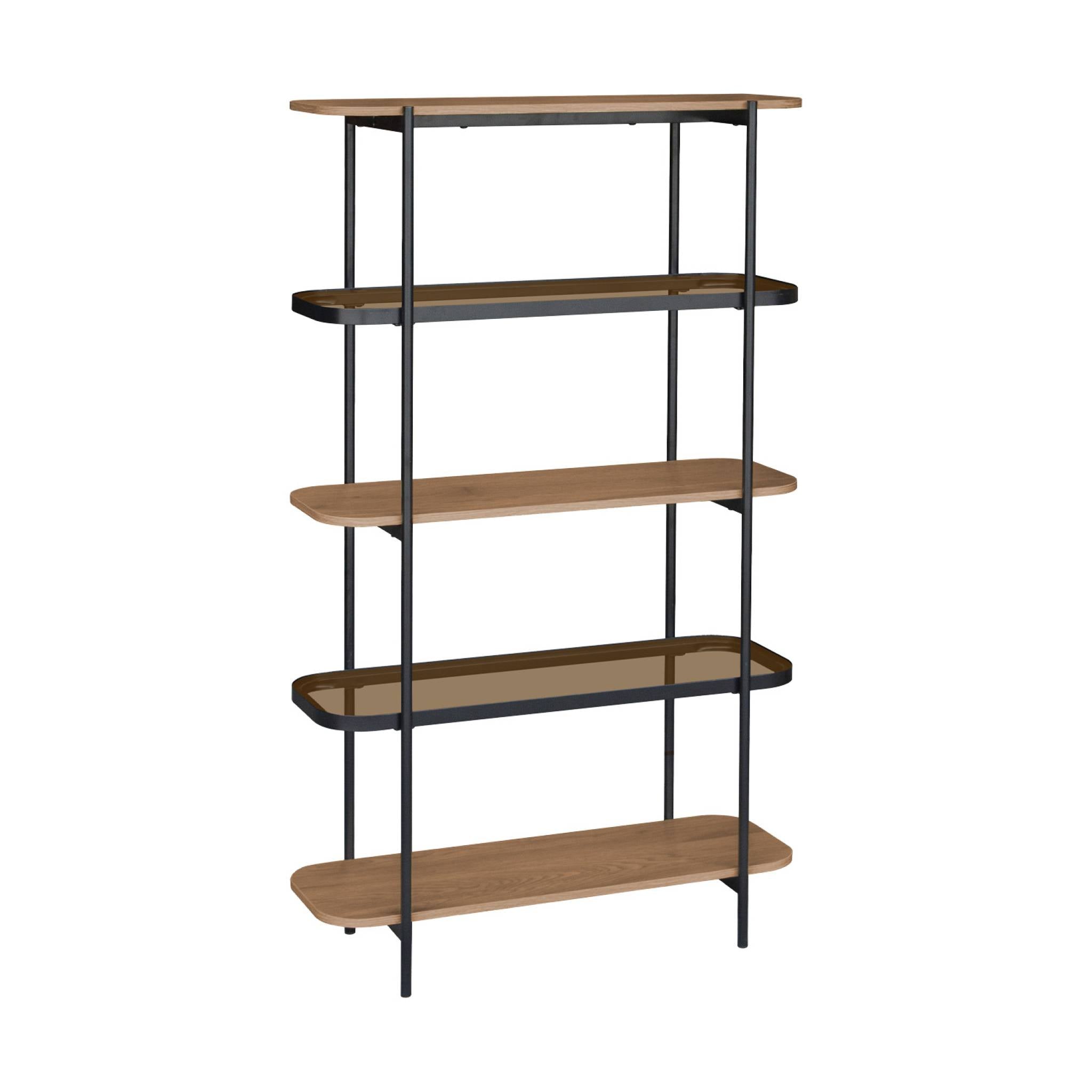 Scaffale libreria in vetro, decorazione in legno e metallo a 5