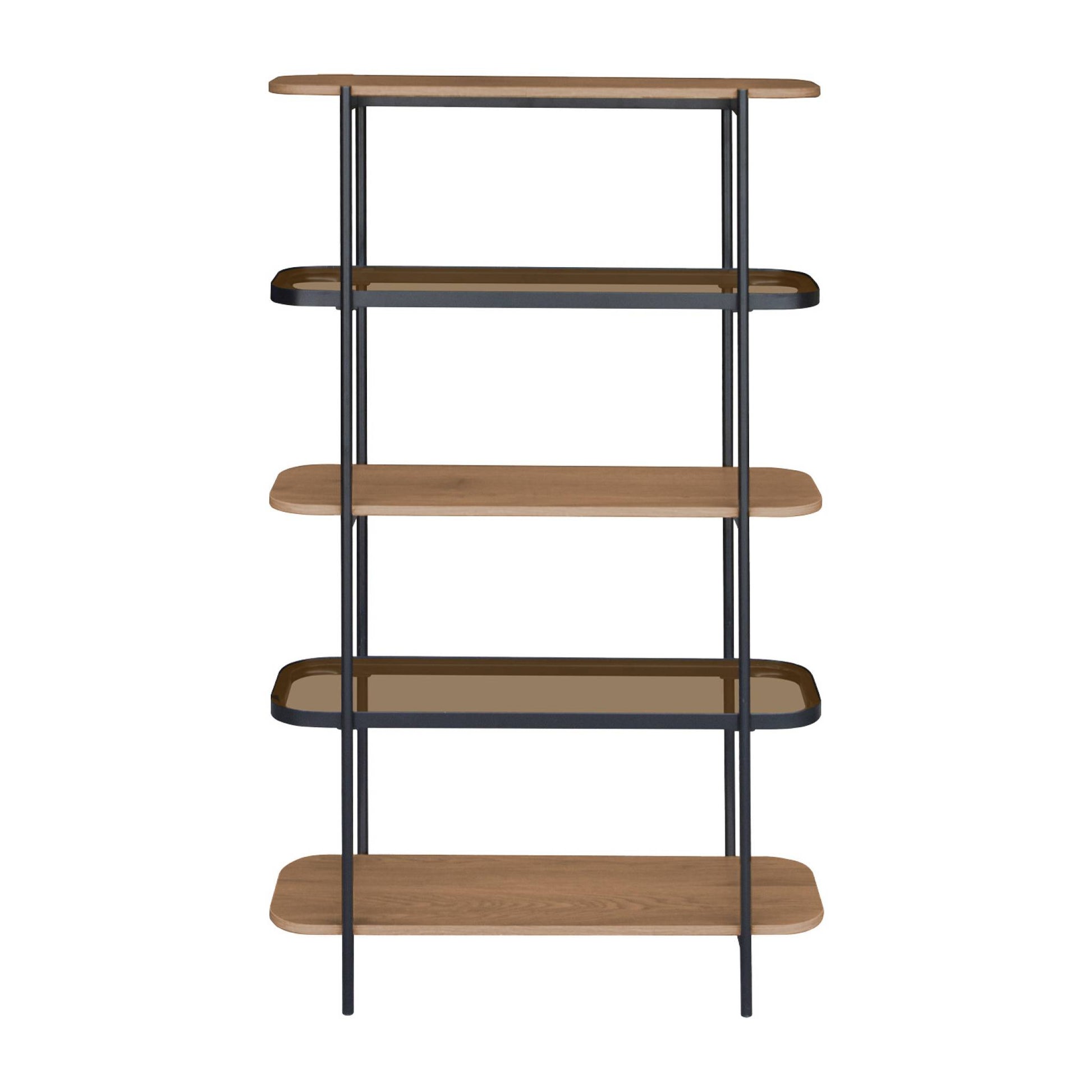 Scaffale libreria in vetro, decorazione in legno e metallo a 5