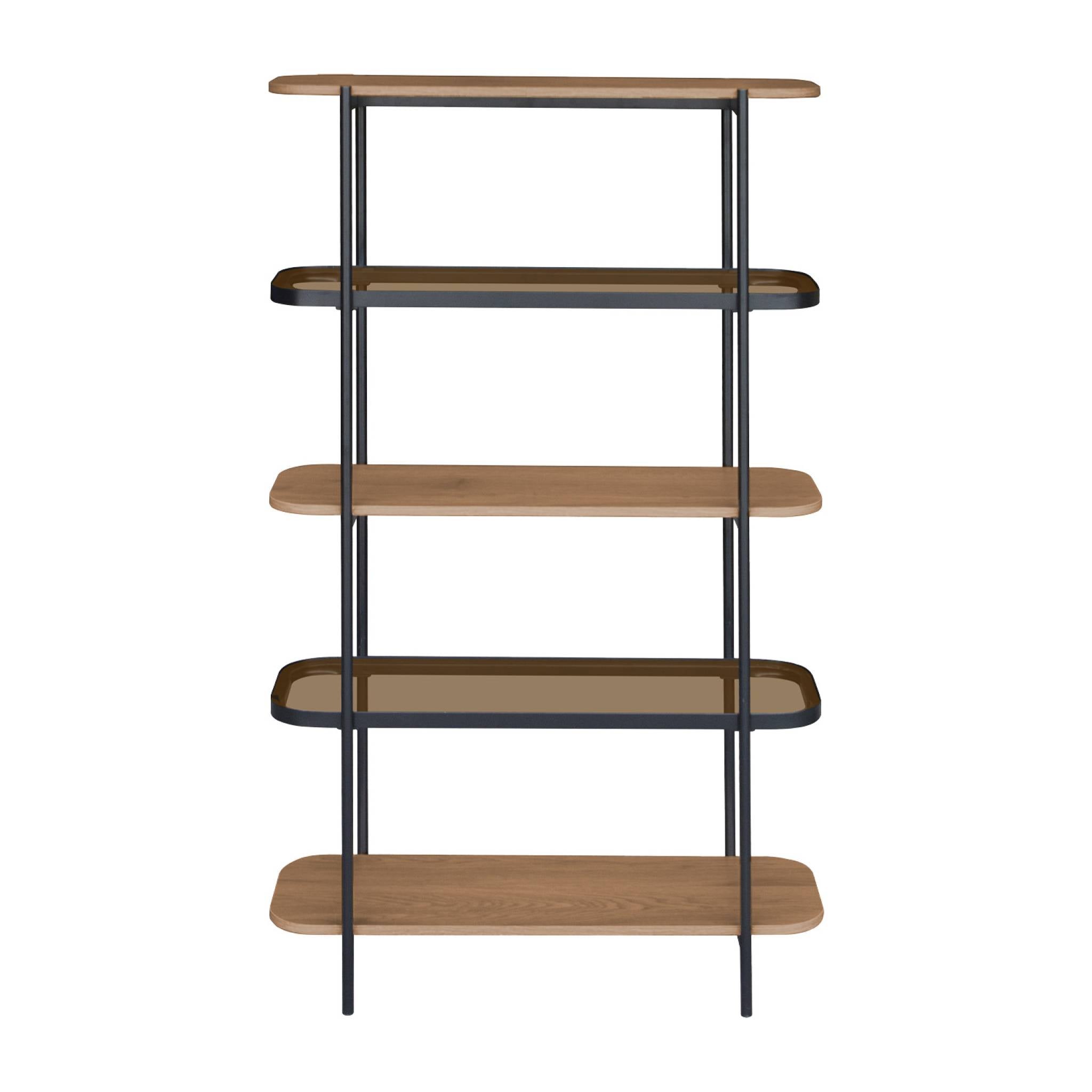 Scaffale libreria in vetro, decorazione in legno e metallo a 5