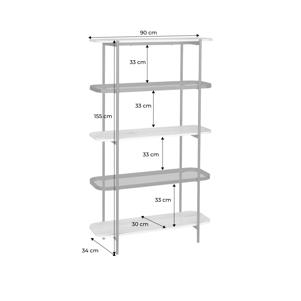 Scaffale libreria in vetro, decorazione in legno e metallo a 5