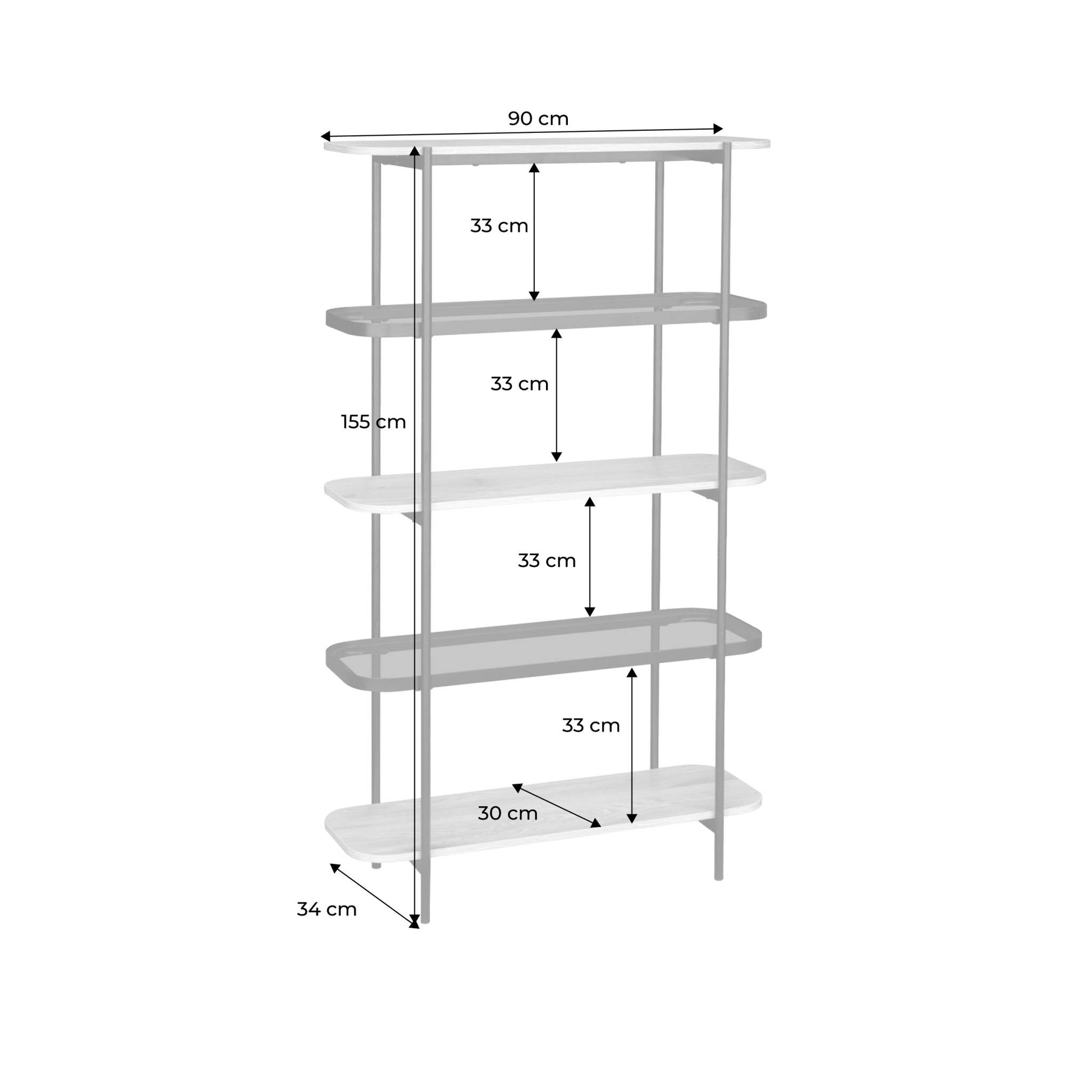Scaffale libreria in vetro, decorazione in legno e metallo a 5