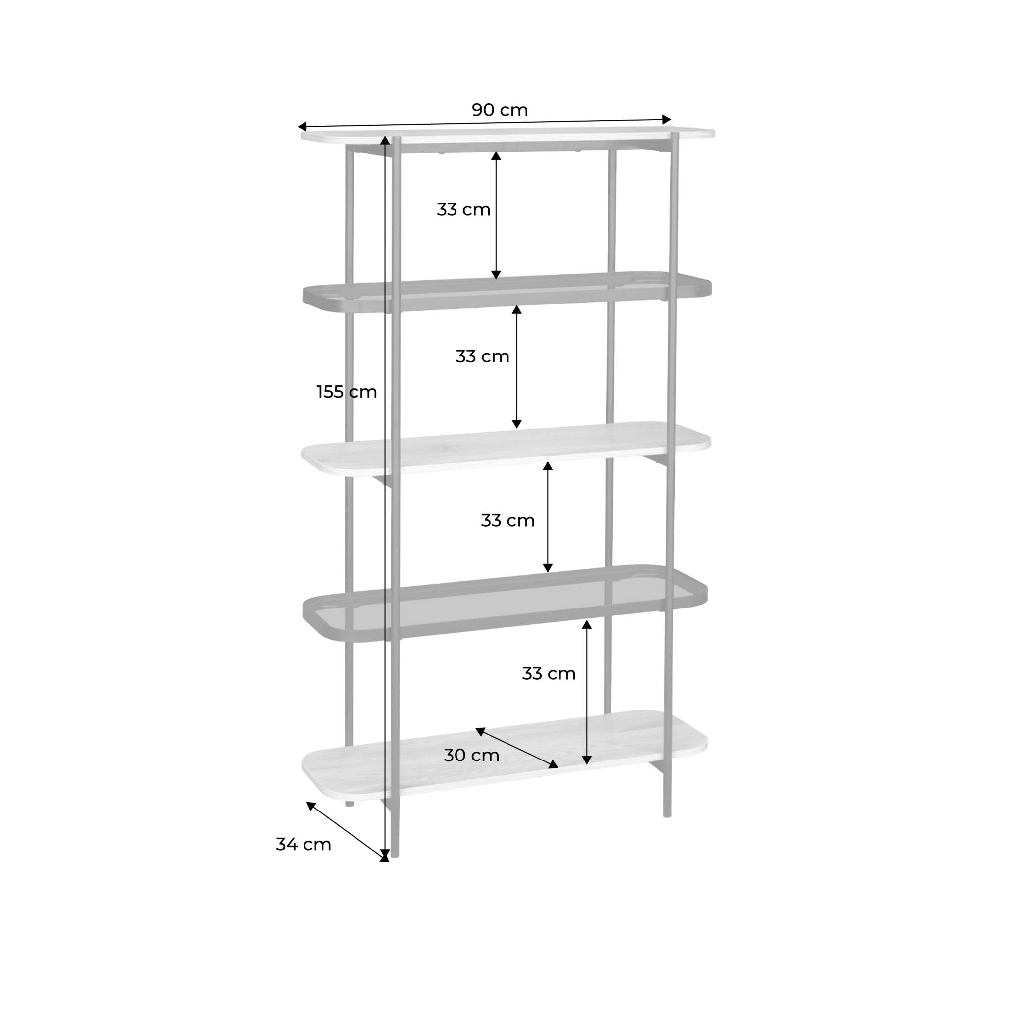 Scaffale libreria in vetro, decorazione in legno e metallo a 5