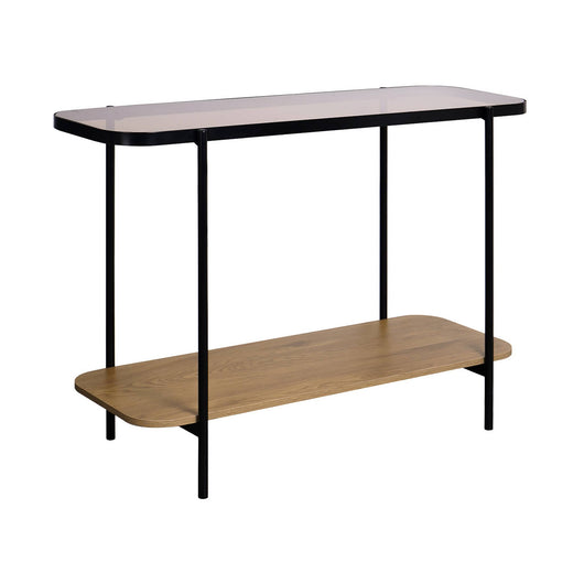 Consolle vintage in metallo nero con piano in vetro e decori in legno,