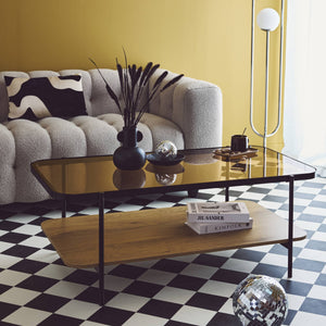 Tavolino vintage in metallo nero con piano in vetro, marrone naturale