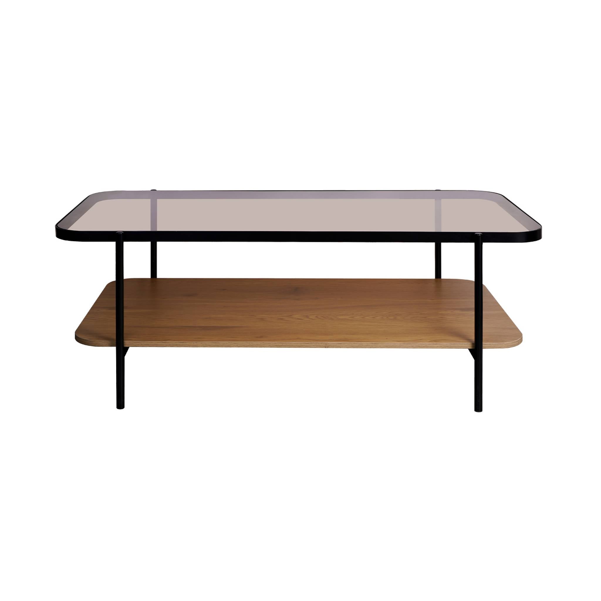 Tavolino vintage in metallo nero con piano in vetro, marrone naturale