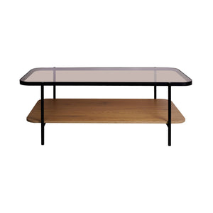 Tavolino vintage in metallo nero con piano in vetro, marrone naturale