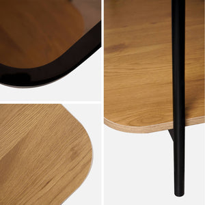 Tavolino vintage in metallo nero con piano in vetro, marrone naturale