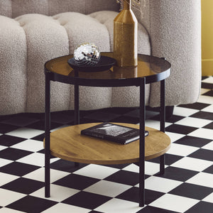 Tavolino rotondo in vetro temperato, legno ed effetto metallo nero,